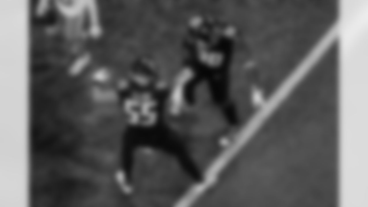 Atlanta Falcons linebacker Kaden Elliss #55 and defensive lineman David Onyemata #90 celebrate after a tackle during the first half of the Week 8 Game against the Miami Dolphins at Mercedes-Benz Stadium in Atlanta, Georgia on Sunday, October 26, 2025. (Photo by Mitch Martin/Atlanta Falcons)