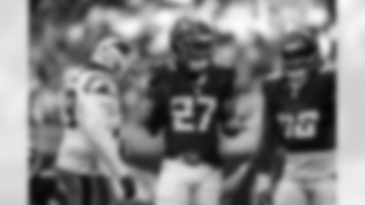 Atlanta Falcons edge rusher James Pearce Jr. #27 reacts during the Week 11 Game against the Carolina Panthers at Mercedes-Benz Stadium in Atlanta, Georgia on Sunday, November 16, 2025. (Photo by Jay Bendlin/Atlanta Falcons)