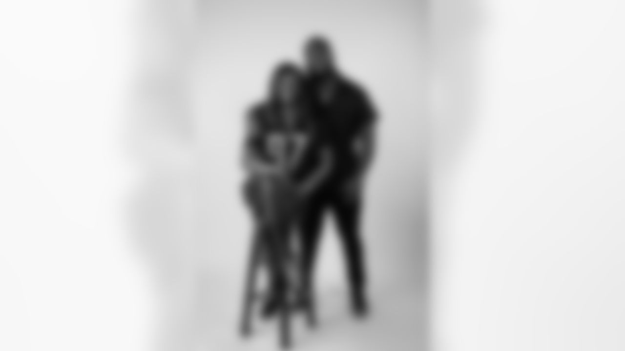 Atlanta Falcons defensive lineman Grady Jarrett #97 and his mom pose for a retail shoot at the Atlanta Falcons Training Facility in Flowery Branch, Ga. On Tuesday, April 23, 2024. (Photo by Jay Bendlin/Atlanta Falcons)
