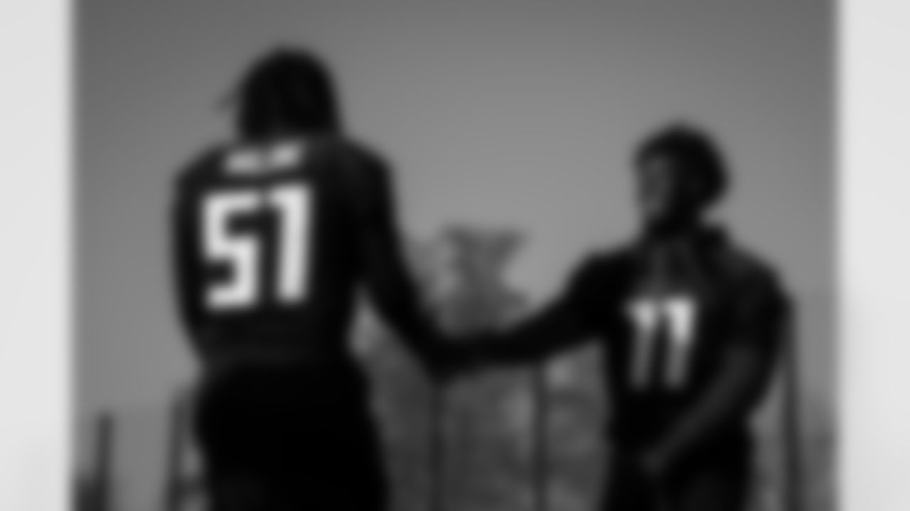 Atlanta Falcons edge rusher Jalon Walker #11 and Atlanta Falcons inside linebacker DeAngelo Malone #51 during practice at the FC Union Berlin Training Facility in Berlin, Germany on Friday, November 7, 2025. (Photo by Jay Bendlin/Atlanta Falcons)