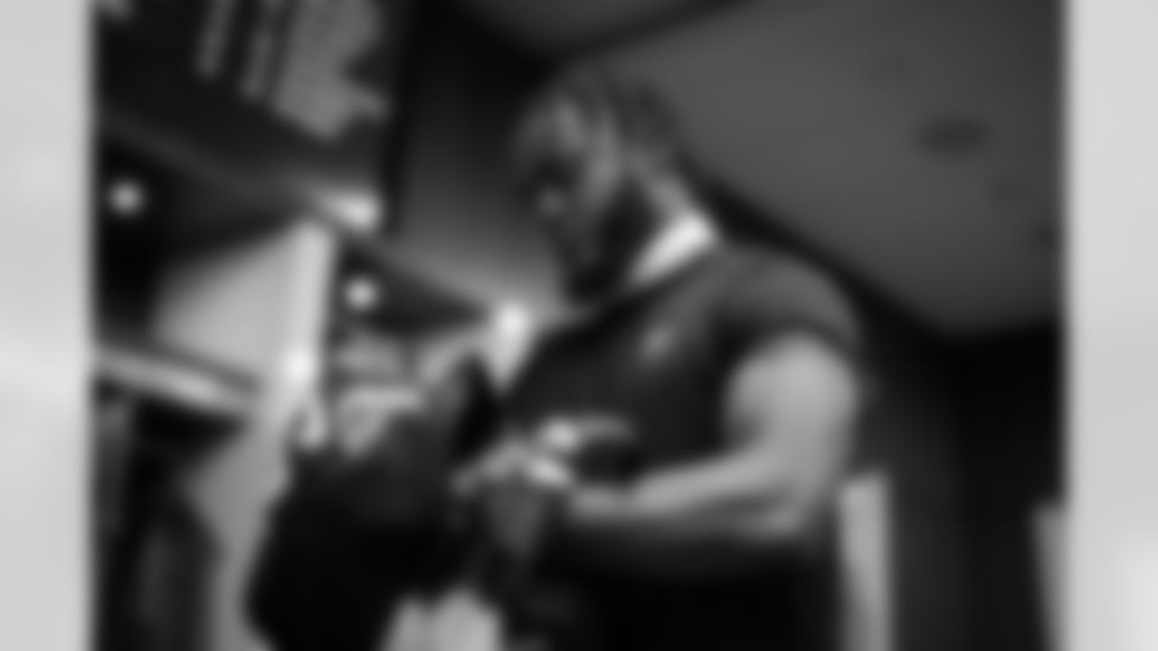 Atlanta Falcons defensive back DeMarcco Hellams #23 prepares in the locker room before the Week 11 Game against the Carolina Panthers at Mercedes-Benz Stadium in Atlanta, Georgia on Sunday, November 16, 2025. (Photo by Jay Bendlin/Atlanta Falcons)