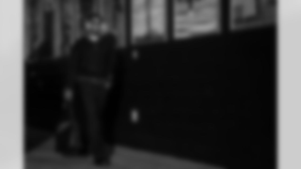 Atlanta Falcons wide receiver Darnell Mooney #1 arrives before the Week 9 Game against the New England Patriots at Gillette Stadium in Foxborough, Massachusetts on Sunday, November 2, 2025. (Photo by Jay Bendlin/Atlanta Falcons)