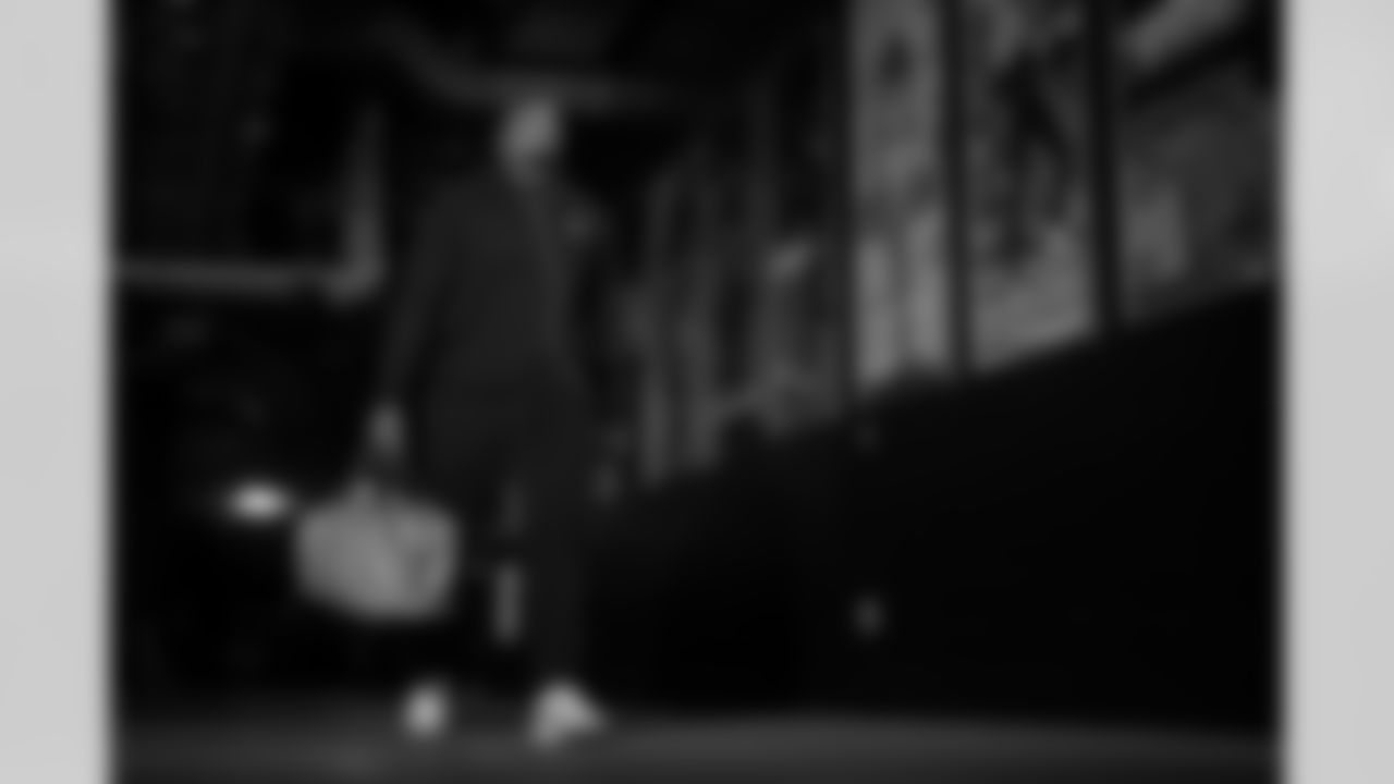 Atlanta Falcons offensive lineman Kyle Hinton #68 arrives before the Week 9 Game against the New England Patriots at Gillette Stadium in Foxborough, Massachusetts on Sunday, November 2, 2025. (Photo by Jay Bendlin/Atlanta Falcons)