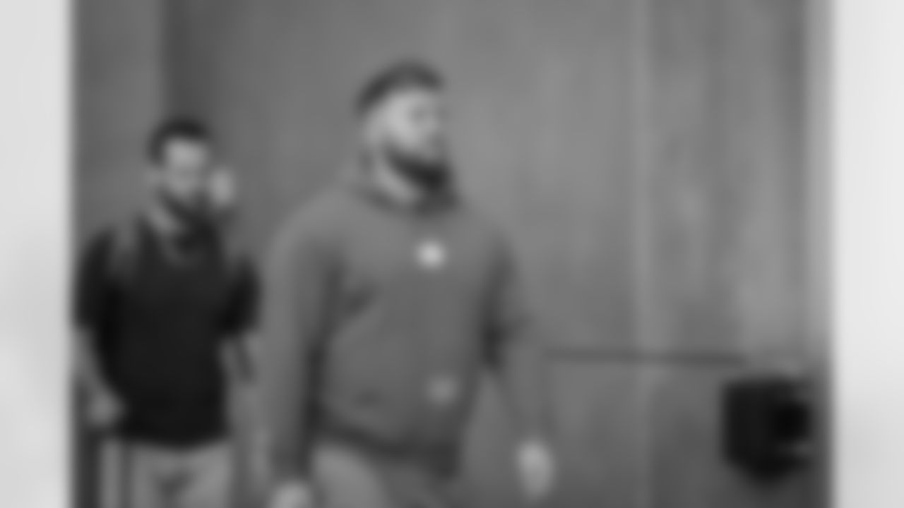 Atlanta Falcons offensive lineman Ryan Neuzil #64 arrives before the Week 11 Game against the Carolina Panthers at Mercedes-Benz Stadium in Atlanta, Georgia on Sunday, November 16, 2025. (Photo by Jay Bendlin/Atlanta Falcons)