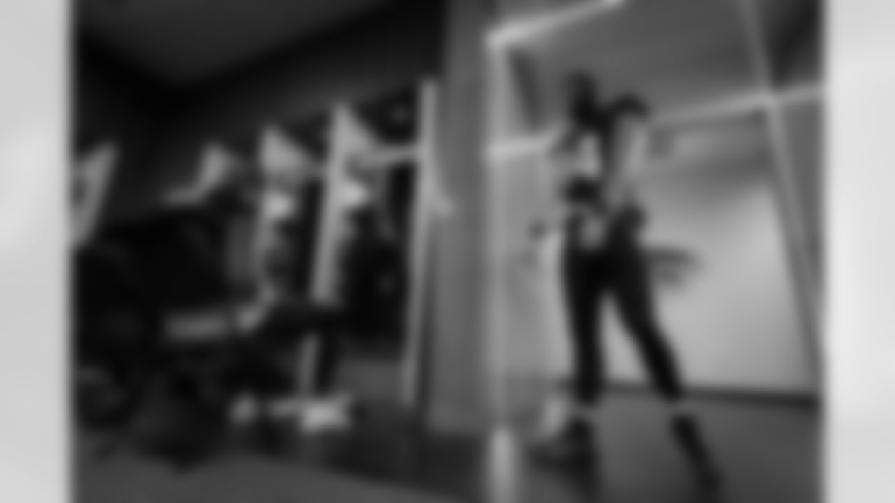 Atlanta Falcons tight end Kyle Pitts Sr. #8 and Atlanta Falcons tight end Feleipe Franks #84  in the locker room before the Week 14 Game against the Seattle Seahawks at Mercedes-Benz Stadium in Atlanta, Georgia on Sunday, December 7, 2025. (Photo by Jay Bendlin/Atlanta Falcons)