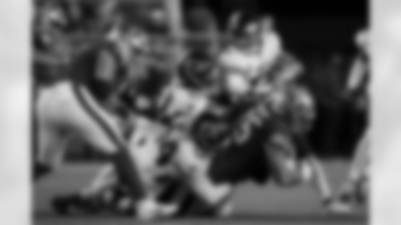 Atlanta Falcons defensive tackle Brandon Dorlus #54 , Atlanta Falcons inside linebacker DeAngelo Malone #51 and Atlanta Falcons inside linebacker Kaden Elliss #55 combine for a tackle during the Week 7 Game against the San Francisco 49ers at Levi's Stadium in Santa Clara, California on Sunday, October 19, 2025. (Photo by Jay Bendlin/Atlanta Falcons)