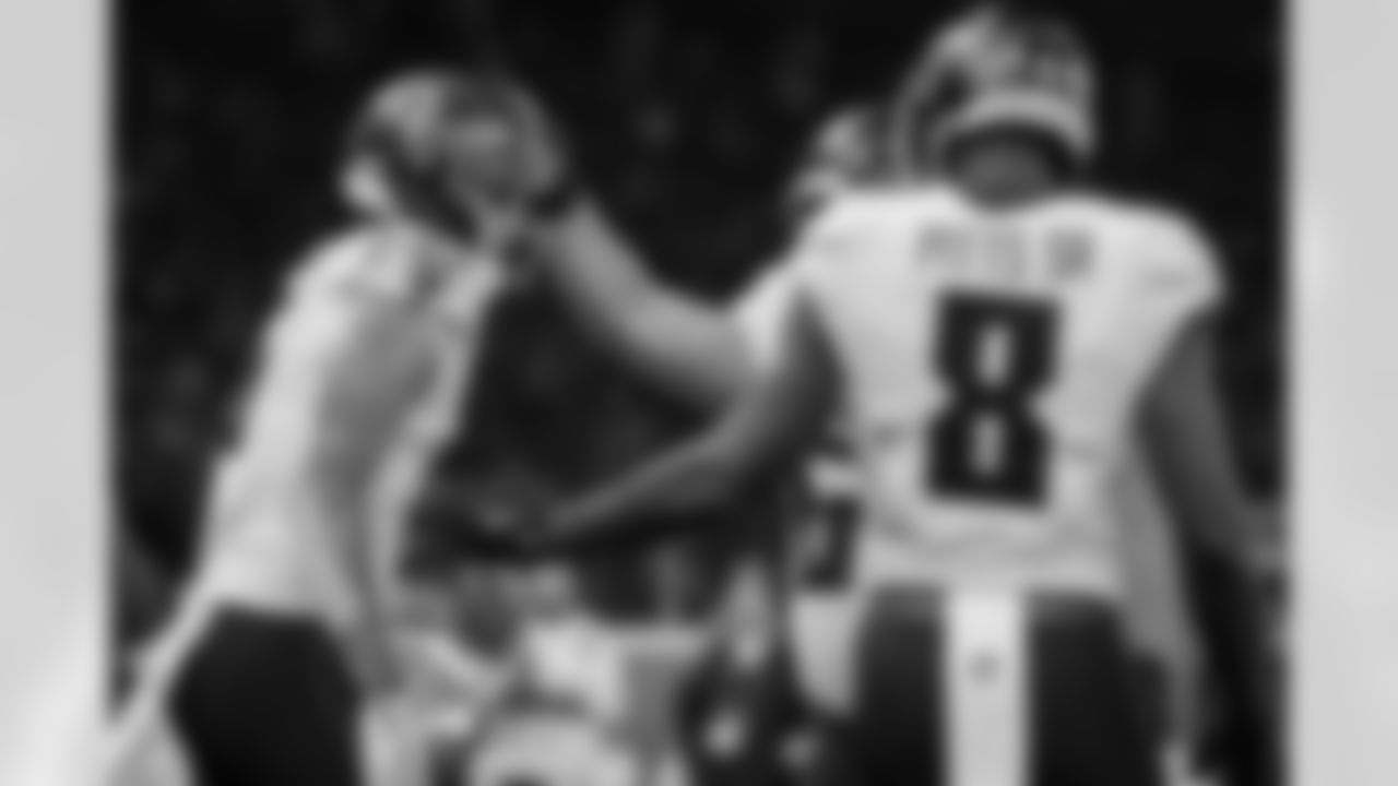 Atlanta Falcons wide receiver Drake London #5 celebrates after scoring a touchdown during the second quarter of the Week 10 Game against the Indianapolis Colts at Olympic Stadium in Berlin, Germany on Sunday, November 9, 2025. (Photo by Taylor McLaughlin/Atlanta Falcons)