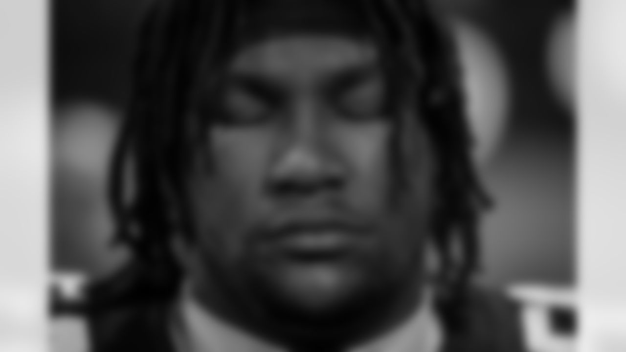 Atlanta Falcons defensive tackle Brandon Dorlus #54 during the National Anthem before the Preseason Game against the Detroit Lions at Mercedes-Benz Stadium in Atlanta, Georgia on Friday, August 8, 2025. (Photo by Jay Bendlin/Atlanta Falcons)