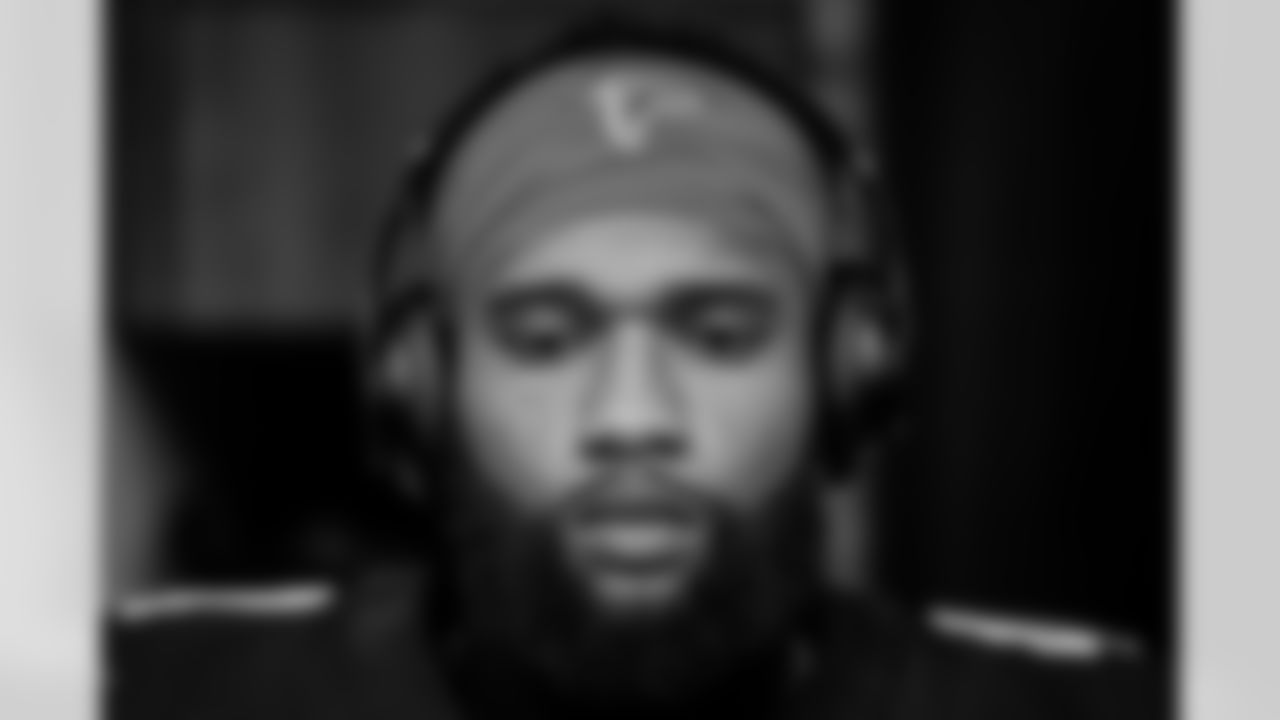 Atlanta Falcons wide receiver KhaDarel Hodge #4 prepares in the locker room before the Week 11 Game against the Carolina Panthers at Mercedes-Benz Stadium in Atlanta, Georgia on Sunday, November 16, 2025. (Photo by Jay Bendlin/Atlanta Falcons)