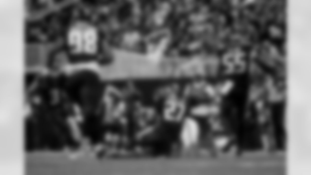 Atlanta Falcons edge rusher James Pearce Jr. #27 makes a tackle during the Week 14 Game against the Seattle Seahawks at Mercedes-Benz Stadium in Atlanta, Georgia on Sunday, December 7, 2025. (Photo by Taylor McLaughlin/Atlanta Falcons)