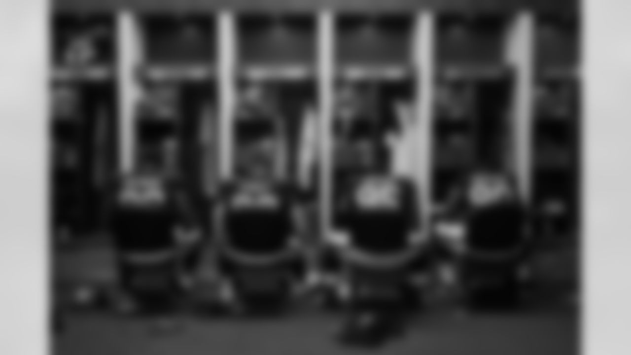 Atlanta Falcons players prepare in the locker room before the Week 4 Game against the New Orleans Saints at Mercedes-Benz Stadium in Atlanta, Georgia on Sunday, September 29, 2024. (Photo by Shanna Lockwood/Atlanta Falcons)