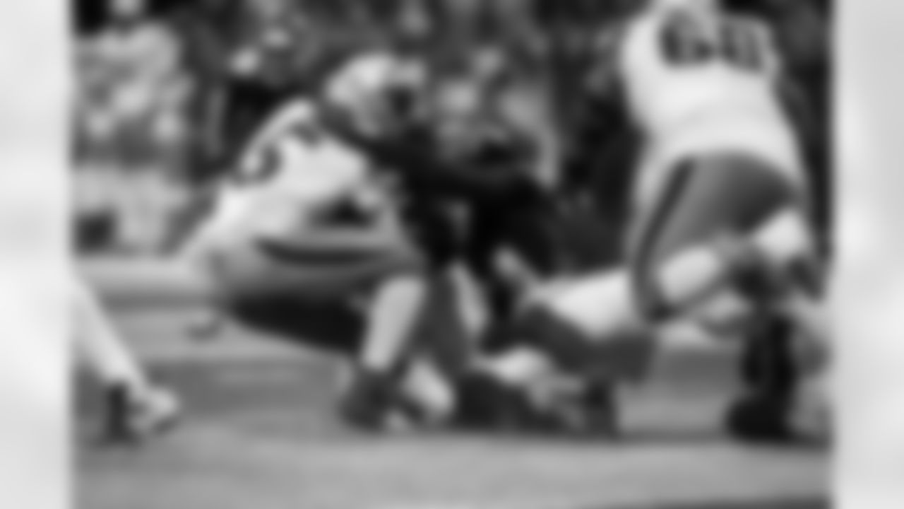 Atlanta Falcons defensive tackle Brandon Dorlus #54 makes a tackle during the Week 11 Game against the Carolina Panthers at Mercedes-Benz Stadium in Atlanta, Georgia on Sunday, November 16, 2025. (Photo by Taylor McLaughlin/Atlanta Falcons)