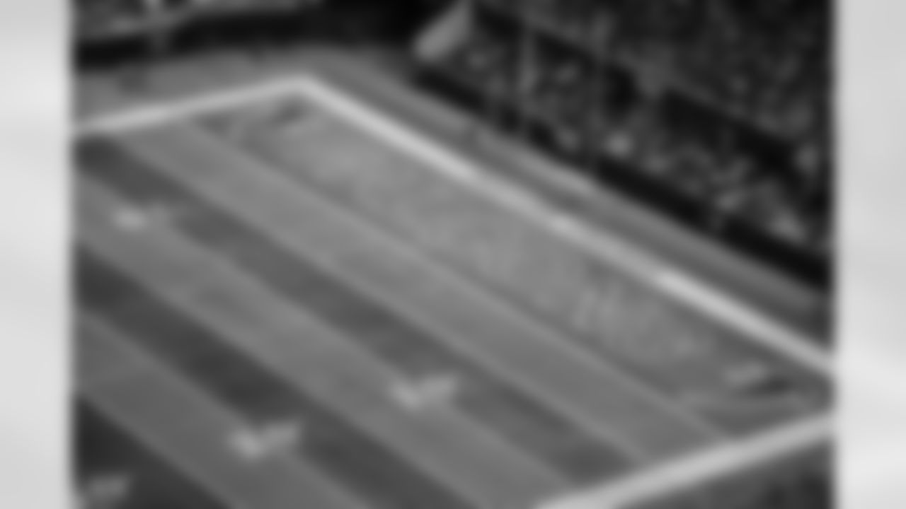 A general view of the throwback end zones during the Week 17 Game against the Los Angeles Rams at Mercedes-Benz Stadium in Atlanta, Georgia on Monday, December 29, 2025. (Photo by Jay Bendlin/Atlanta Falcons)