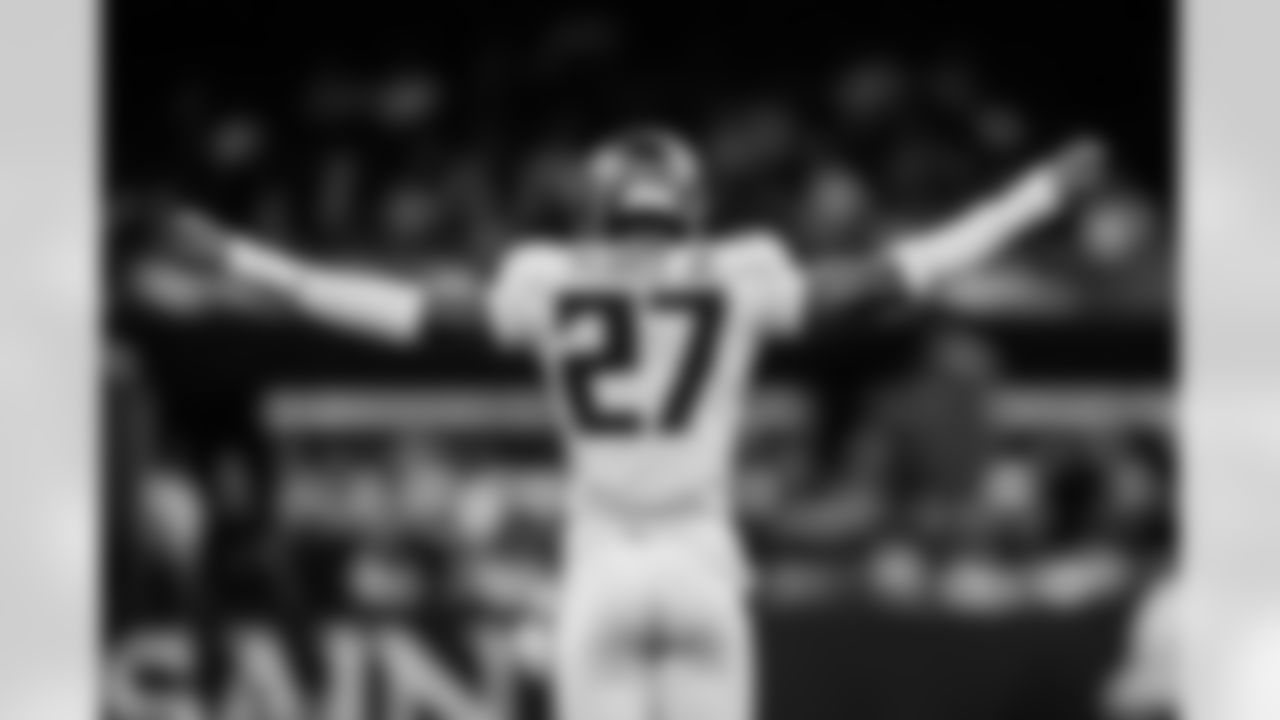 Atlanta Falcons edge rusher James Pearce Jr. #27 reacts during the Week 12 Game against the New Orleans Saints at Caesars Superdome in New Orleans, Louisiana on Sunday, November 23, 2025. (Photo by Jay Bendlin/Atlanta Falcons)