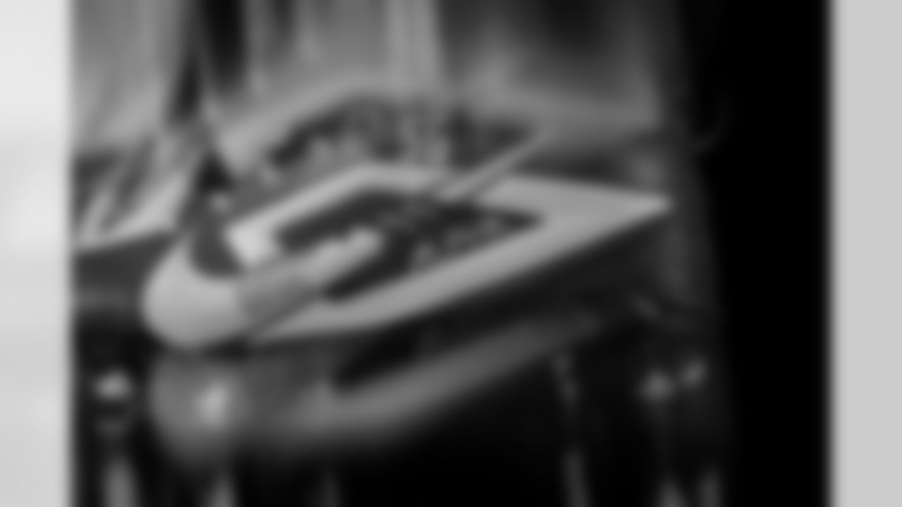 Photos of Atlanta Falcons edge rusher Leonard Floyd #56's cleats for My Cause My Cleats at the Atlanta Falcons Training Facility in Flowery Branch, Ga. on Wednesday, November 19, 2025. (Photo by Taylor McLaughlin/Atlanta Falcons)