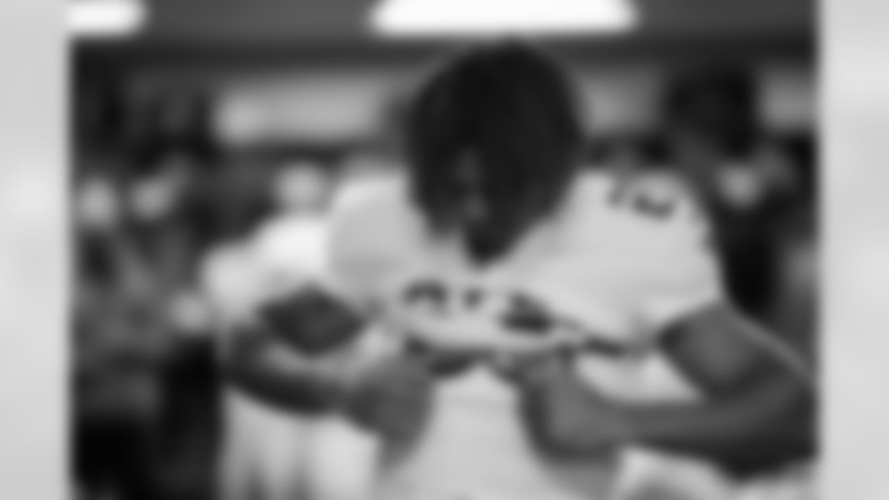 Atlanta Falcons cornerback A.J. Terrell #24 gets ready in the locker room before the Week 9 Game against the New England Patriots at Gillette Stadium in Foxborough, Massachusetts on Sunday, November 2, 2025. (Photo by Jay Bendlin/Atlanta Falcons)