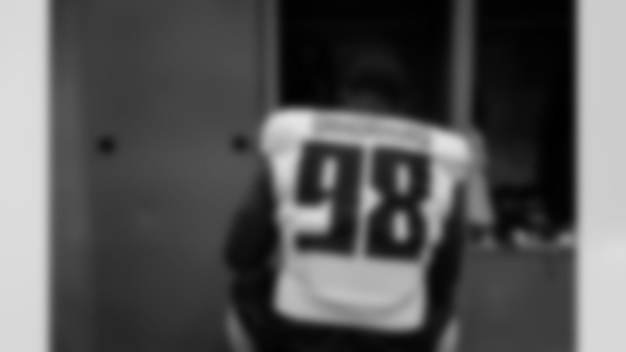 Atlanta Falcons defensive lineman Ruke Orhorhoro #98 in the locker room before the Week 13 Game against the New York Jets at Metlife Stadium in East Rutherford, New Jersey on Sunday, November 30, 2025. (Photo by Jay Bendlin/Atlanta Falcons)