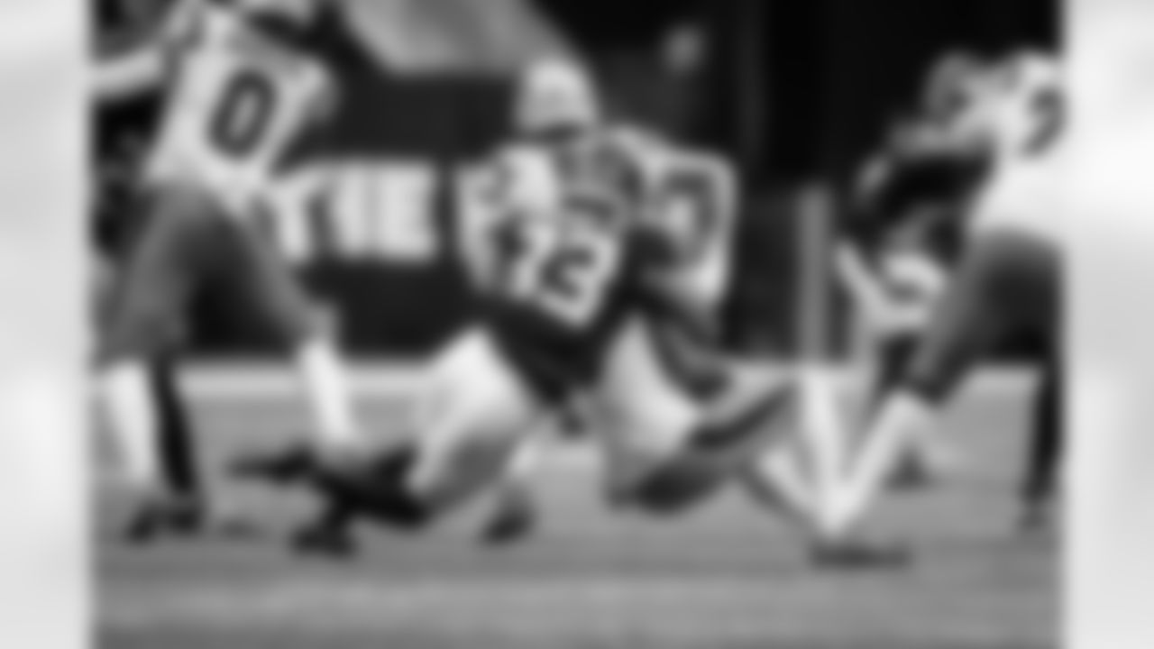 Atlanta Falcons defensive back Billy Bowman Jr. #33 makes a sack during the Week 11 Game against the Carolina Panthers at Mercedes-Benz Stadium in Atlanta, Georgia on Sunday, November 16, 2025. (Photo by Taylor McLaughlin/Atlanta Falcons)