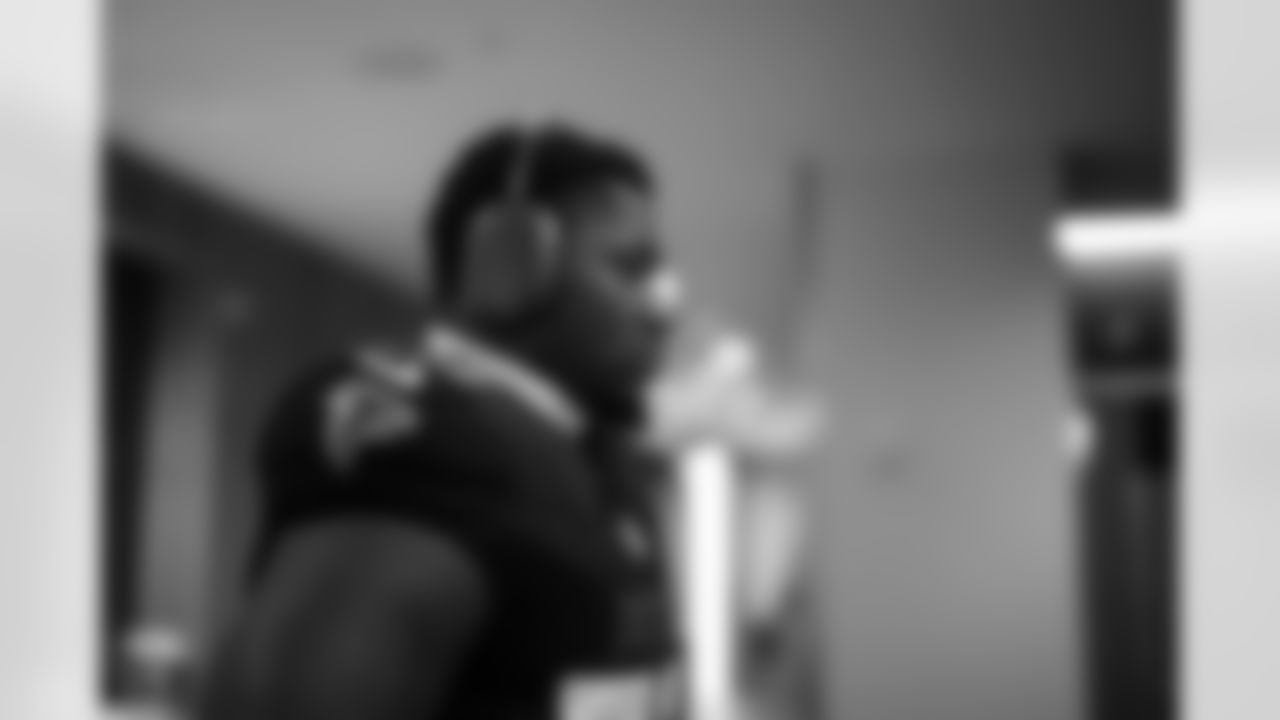 Atlanta Falcons defensive lineman Ruke Orhorhoro #98 in the locker room before the Week 14 Game against the Seattle Seahawks at Mercedes-Benz Stadium in Atlanta, Georgia on Sunday, December 7, 2025. (Photo by Jay Bendlin/Atlanta Falcons)