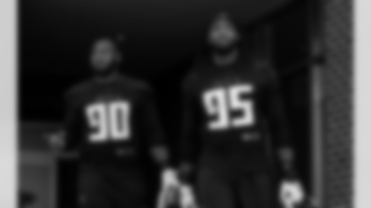 Atlanta Falcons defensive lineman Ta'Quon Graham #95 and Atlanta Falcons defensive lineman David Onyemata #90 during practice at Atlanta Falcons Training Facility in Flowery Branch, Ga. on Thursday, November 30, 2023. (Photo by Jay Bendlin/Atlanta Falcons)