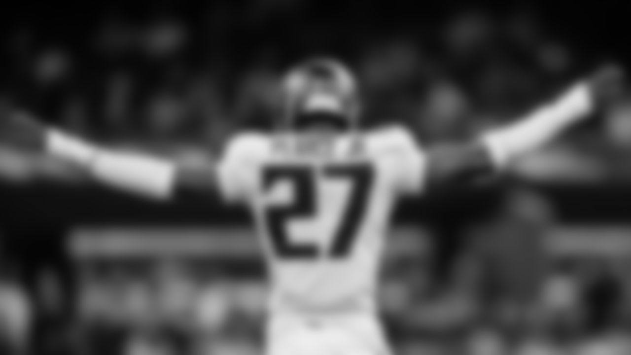 Atlanta Falcons edge rusher James Pearce Jr. #27 reacts during the Week 12 Game against the New Orleans Saints at Caesars Superdome in New Orleans, Louisiana on Sunday, November 23, 2025. (Photo by Jay Bendlin/Atlanta Falcons)