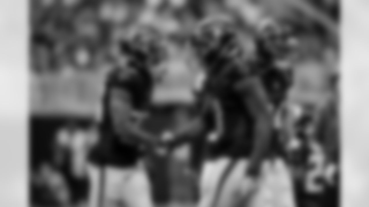 Atlanta Falcons defensive back Billy Bowman Jr. #33 and Atlanta Falcons outside linebacker Arnold Ebiketie #17 during the Week 11 Game against the Carolina Panthers at Mercedes-Benz Stadium in Atlanta, Georgia on Sunday, November 16, 2025. (Photo by Jay Bendlin/Atlanta Falcons)