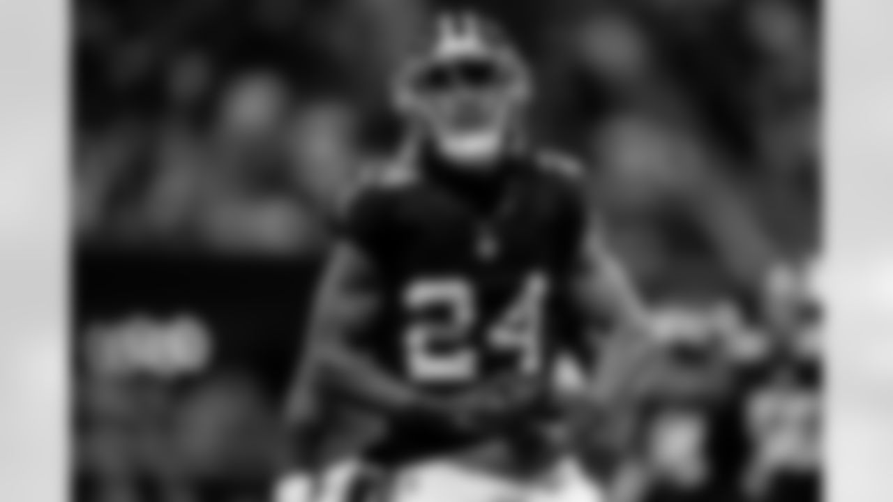 Atlanta Falcons cornerback A.J. Terrell #24 celebrates a tackle on third down during the Week 6 Game against the Buffalo Bills at Mercedes-Benz Stadium in Atlanta, Ga. on Monday, October 13, 2025. (Photo by Taylor McLaughlin/Atlanta Falcons)