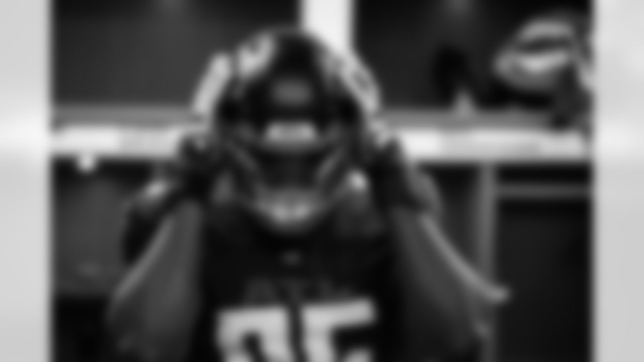 Atlanta Falcons defensive lineman Zach Harrison #96 prepares in the locker room before the Week 1 Game against the Tampa Bay Buccaneers at Mercedes-Benz Stadium in Atlanta, Georgia on Sunday, September 7, 2025. (Photo by Jay Bendlin/Atlanta Falcons)