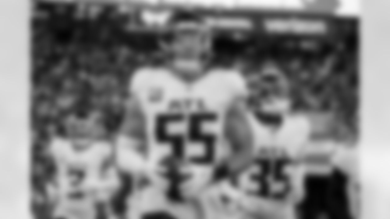 Atlanta Falcons inside linebacker Kaden Elliss #55 reacts during the Week 7 Game against the San Francisco 49ers at Levi's Stadium in Santa Clara, California on Sunday, October 19, 2025. (Photo by Jay Bendlin/Atlanta Falcons)