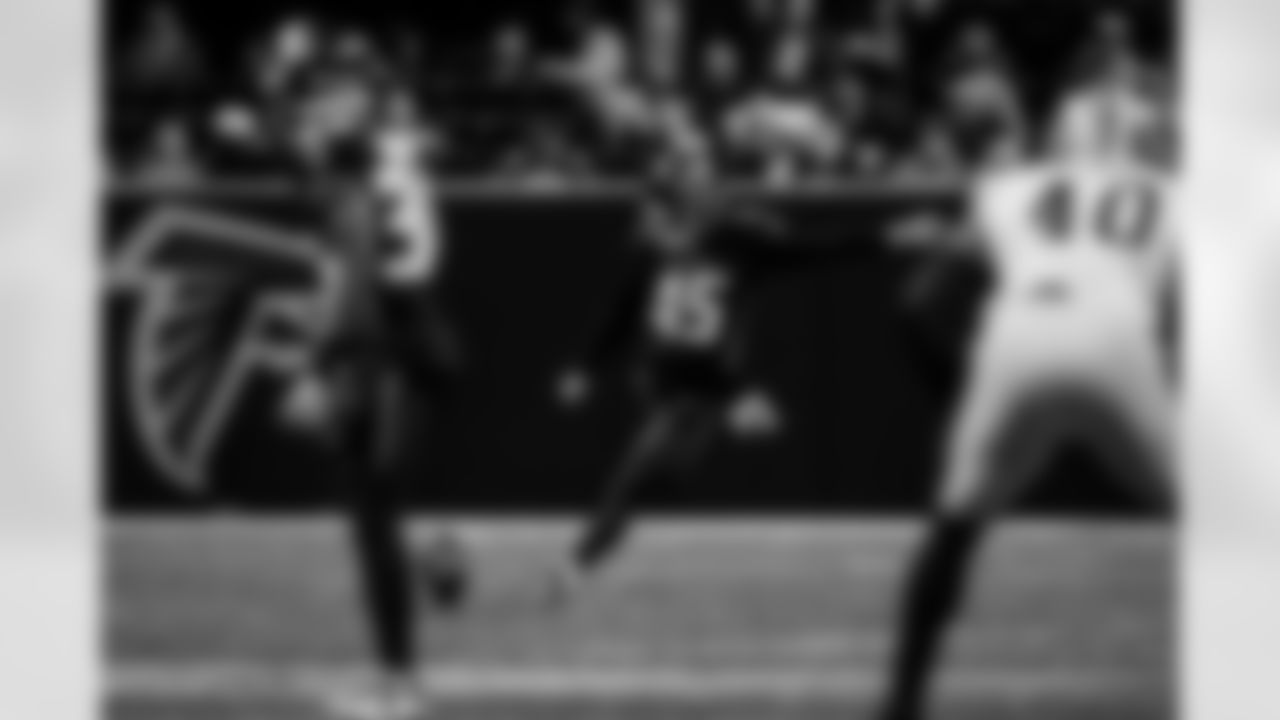 Atlanta Falcons wide receiver KhaDarel Hodge #45 kicks the ball during the Week 18 Game against the New Orleans Saints at Mercedes-Benz Stadium in Atlanta, Georgia on Sunday, January 4, 2026. (Photo by Jay Bendlin/Atlanta Falcons)