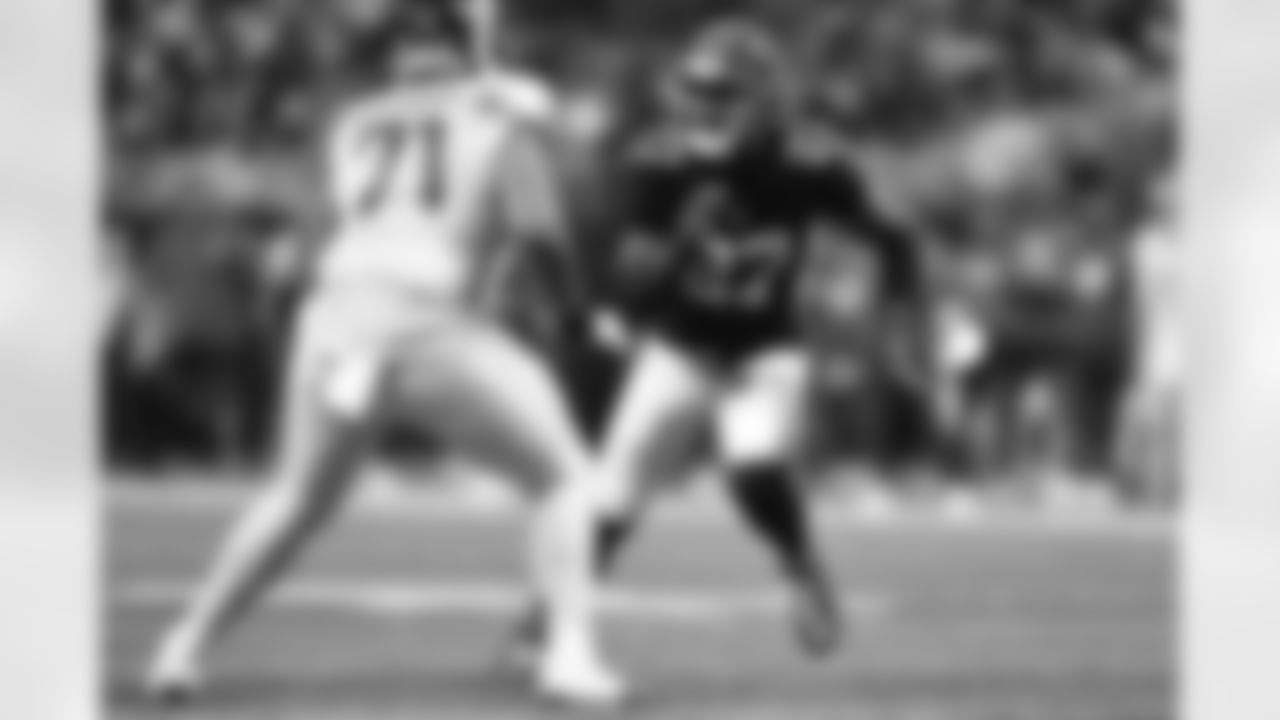 Atlanta Falcons edge rusher James Pearce Jr. #27 during the Week 17 Game against the Los Angeles Rams at Mercedes-Benz Stadium in Atlanta, Ga. on Monday, December 29, 2025. (Photo by AJ Reynolds/Atlanta Falcons)