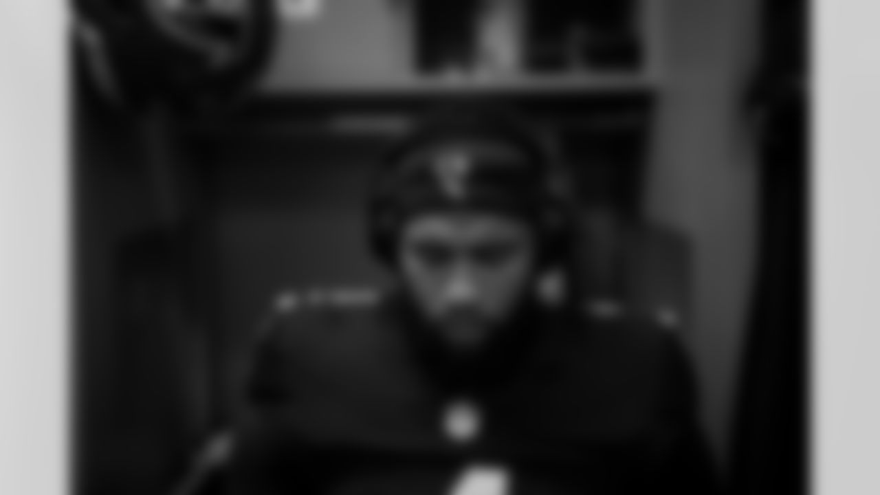 Atlanta Falcons wide receiver KhaDarel Hodge #4 in the locker room during the Week 15 Game against the Tampa Bay Buccaneers at Raymond James Stadium in Tampa, Florida on Thursday, December 11, 2025. (Photo by Jay Bendlin/Atlanta Falcons)