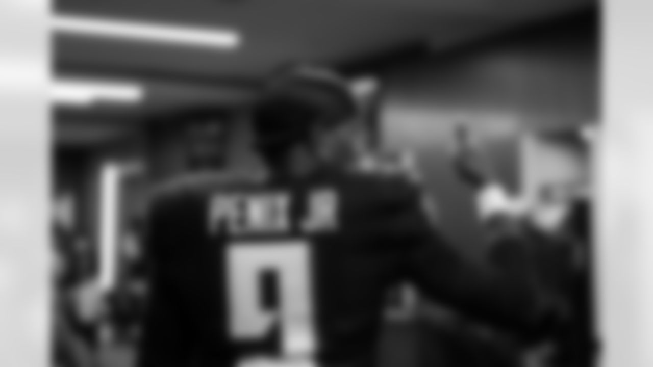 Atlanta Falcons quarterback Michael Penix Jr. #9 in the locker room before the Preseason Game against the Tennessee Titans at Mercedes-Benz Stadium in Atlanta, Georgia on Friday, August 15, 2025. (Photo by Jay Bendlin/Atlanta Falcons)