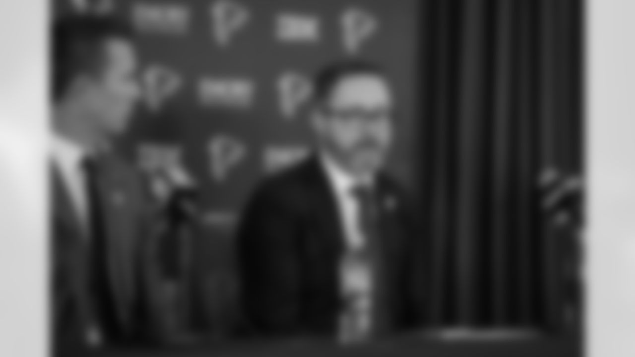 Matt Ryan, Greg Beadles, and Arthur Blank at the press conference at the Atlanta Falcons Training Facility in Flowery Branch, Ga. On Tuesday, January 13, 2026.(Photo by Taylor McLaughlin/Atlanta Falcons)