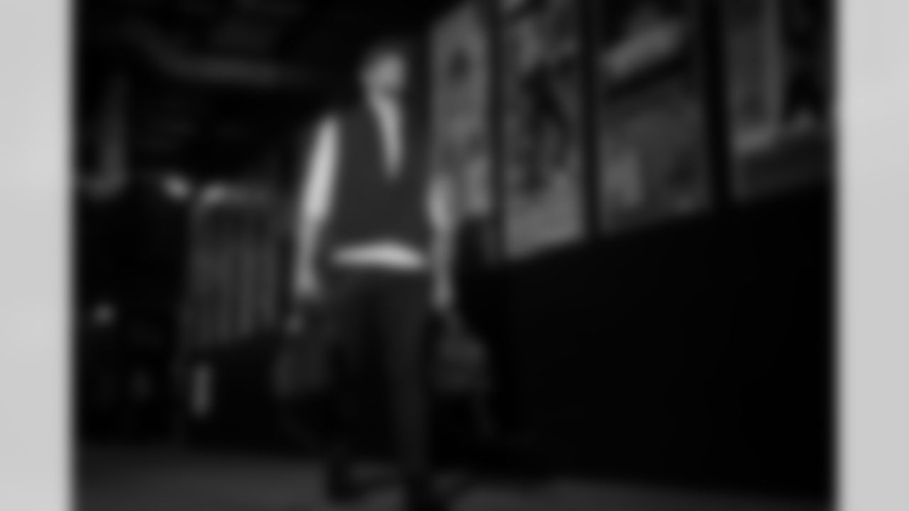 Atlanta Falcons tight end Feleipe Franks #84 arrives before the Week 9 Game against the New England Patriots at Gillette Stadium in Foxborough, Massachusetts on Sunday, November 2, 2025. (Photo by Jay Bendlin/Atlanta Falcons)