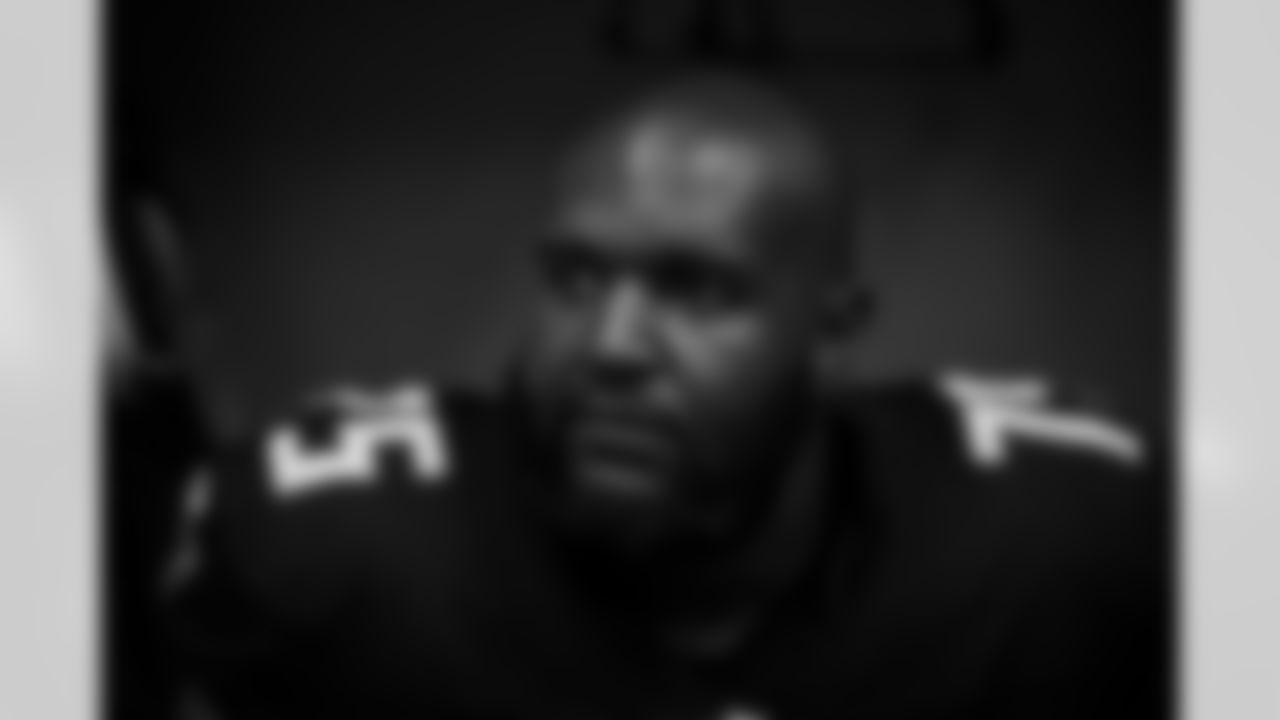 Atlanta Falcons tackle Brandon Parker #75 looks on in the locker room during the Preseason Game against the Dallas Cowboys at AT&T Stadium in Arlington, Texas on Friday, August 22, 2025. (Photo by Jay Bendlin/Atlanta Falcons)