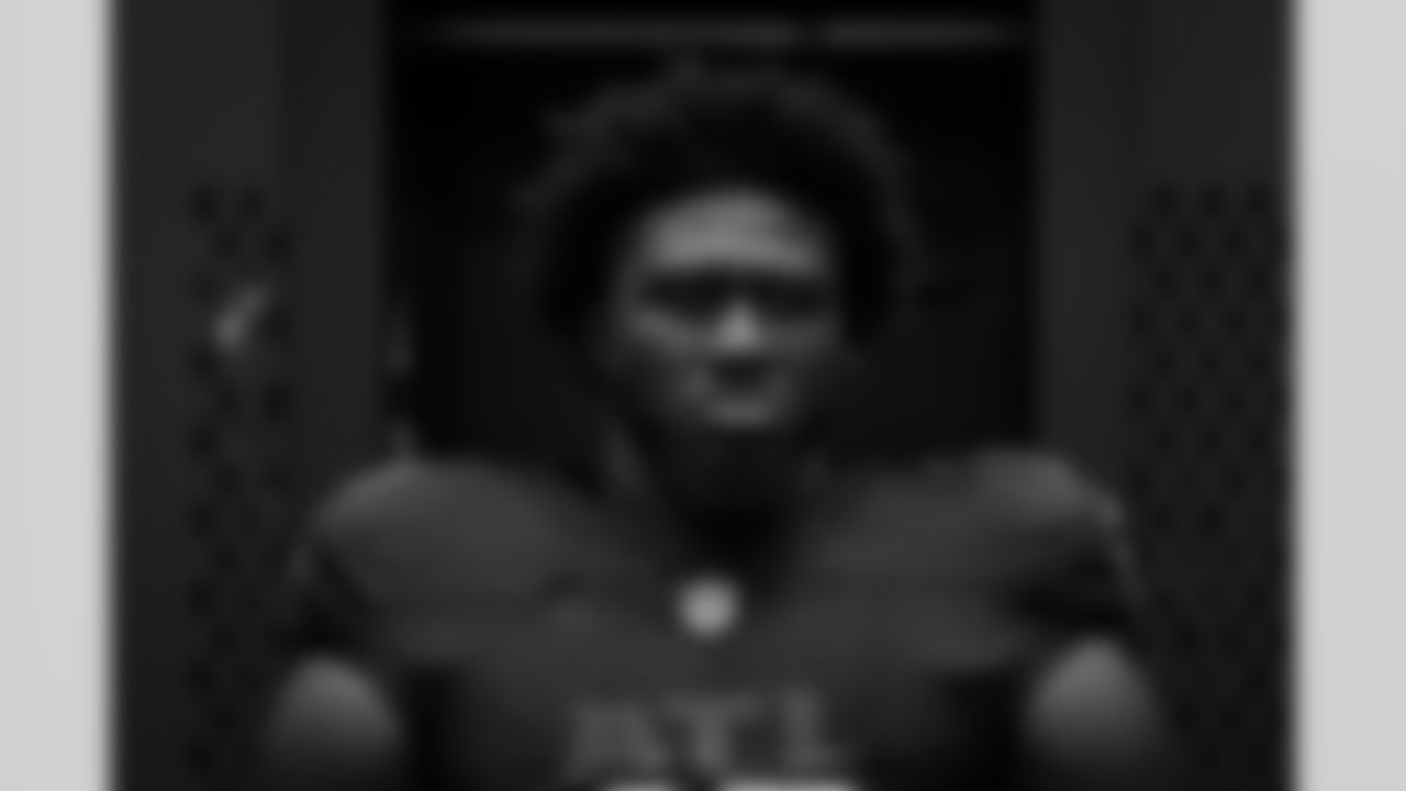 Atlanta Falcons edge rusher Jalon Walker #11 in the locker room before the Preseason Game against the Detroit Lions at Mercedes-Benz Stadium in Atlanta, Georgia on Friday, August 8, 2025. (Photo by Jay Bendlin/Atlanta Falcons)