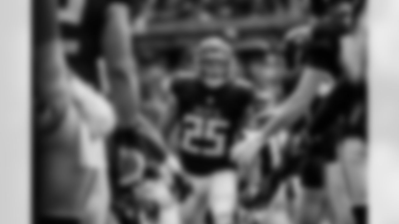 Atlanta Falcons running back Tyler Allgeier #25 runs out before the Week 11 Game against the Carolina Panthers at Mercedes-Benz Stadium in Atlanta, Georgia on Sunday, November 16, 2025. (Photo by Jay Bendlin/Atlanta Falcons)