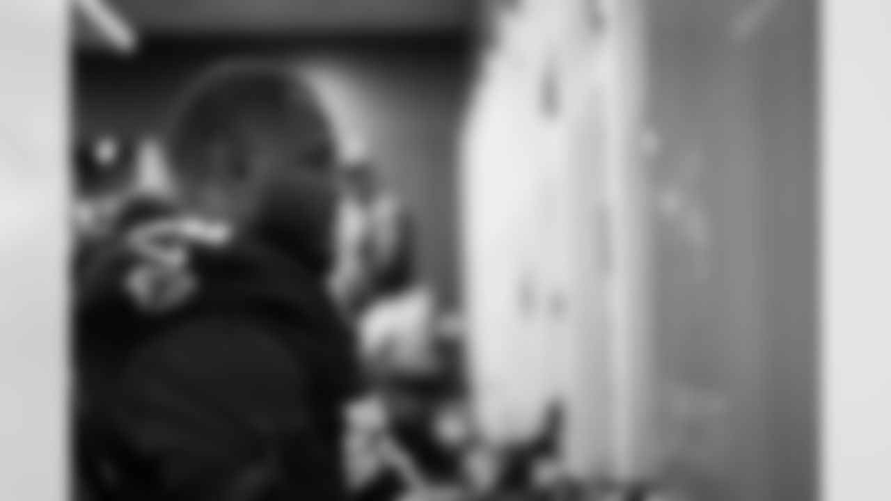 Atlanta Falcons defensive lineman David Onyemata #90 prepares in the locker room before the Week 11 Game against the Carolina Panthers at Mercedes-Benz Stadium in Atlanta, Georgia on Sunday, November 16, 2025. (Photo by Jay Bendlin/Atlanta Falcons)