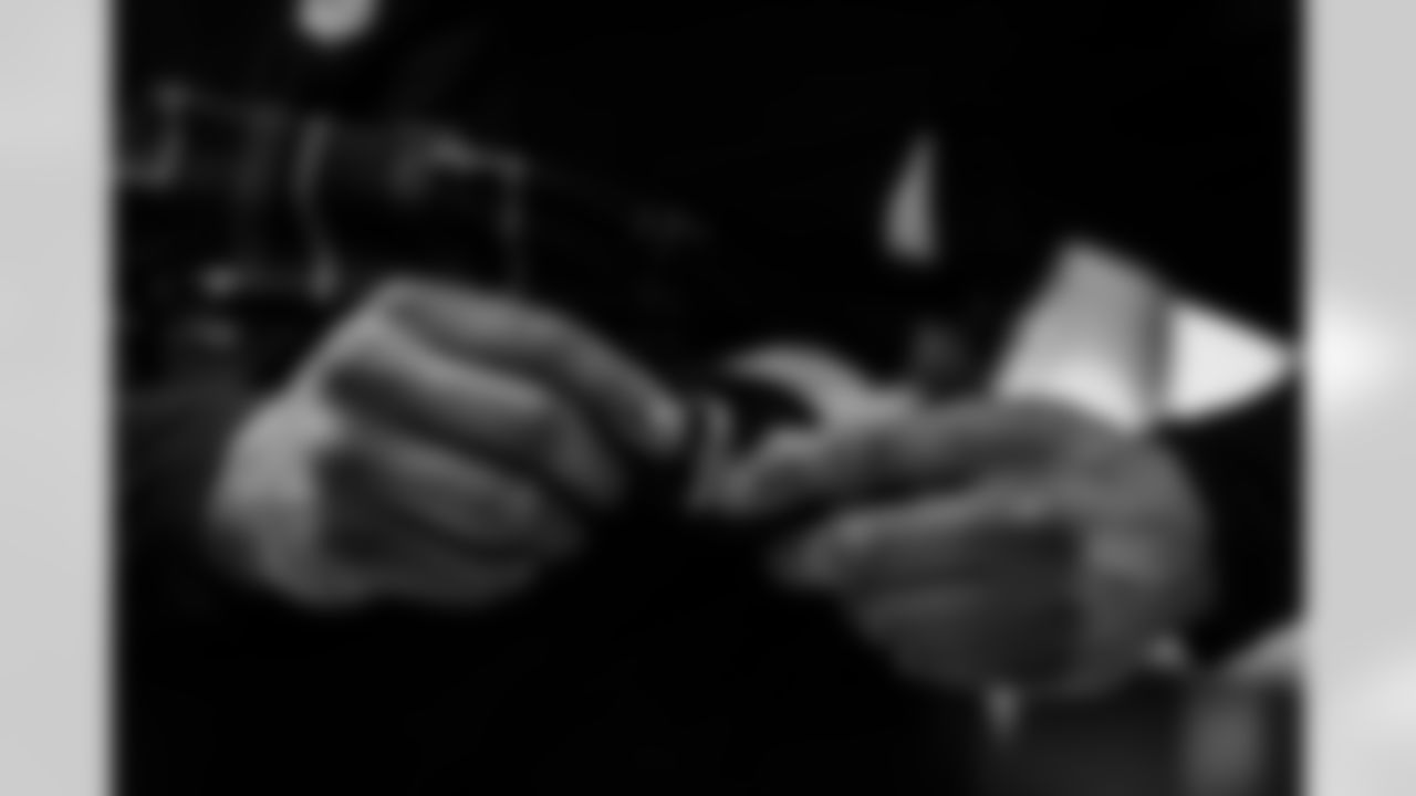 Atlanta Falcons defensive tackle Brandon Dorlus #54 prepares in the locker room before the Week 11 Game against the Carolina Panthers at Mercedes-Benz Stadium in Atlanta, Georgia on Sunday, November 16, 2025. (Photo by Jay Bendlin/Atlanta Falcons)