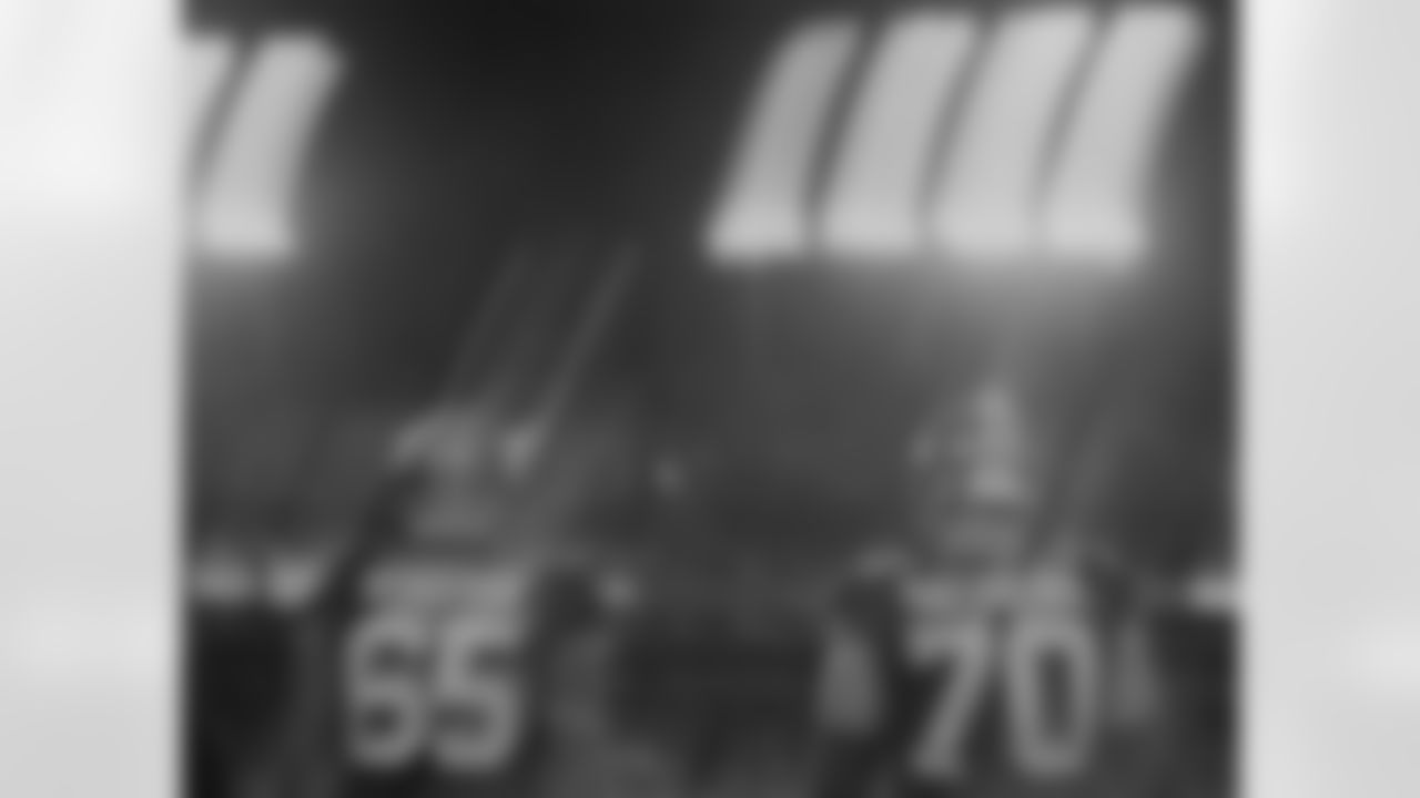 Atlanta Falcons offensive lineman Matthew Bergeron #65 and tackle Jake Matthews #70 during the Week 15 Game against the Tampa Bay Buccaneers at Raymond James Stadium in Tampa, Florida on Thursday, December 11, 2025. (Photo by Brandon Magnus/Atlanta Falcons)