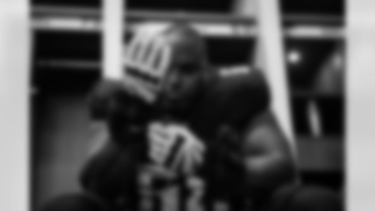 Atlanta Falcons offensive lineman Kyle Hinton #68 in the locker room before the Preseason Game against the Detroit Lions at Mercedes-Benz Stadium in Atlanta, Georgia on Friday, August 8, 2025. (Photo by Jay Bendlin/Atlanta Falcons)