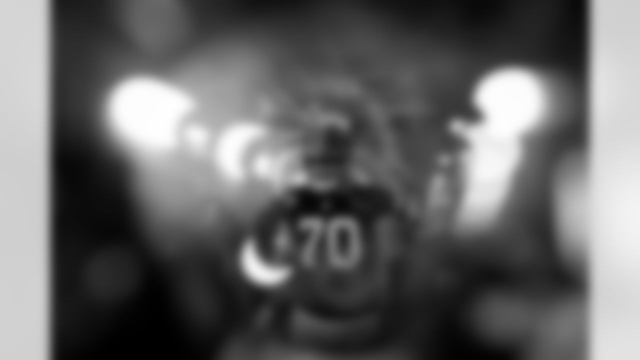 Atlanta Falcons tackle Jake Matthews #70 walks out of the locker room to warm ups before the Week 17 Game against the Los Angeles Rams at Mercedes-Benz Stadium in Atlanta, Georgia on Monday, December 29, 2025. (Photo by Jay Bendlin/Atlanta Falcons)