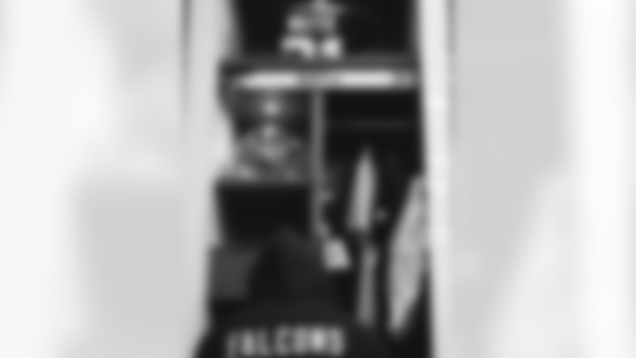 Atlanta Falcons safety Xavier Watts #31 sits at his locker during the Week 6 Game against the Buffalo Bills at Mercedes-Benz Stadium in Atlanta, Ga. on Monday, October 13, 2025. (Photo by Brandon Magnus/Atlanta Falcons)