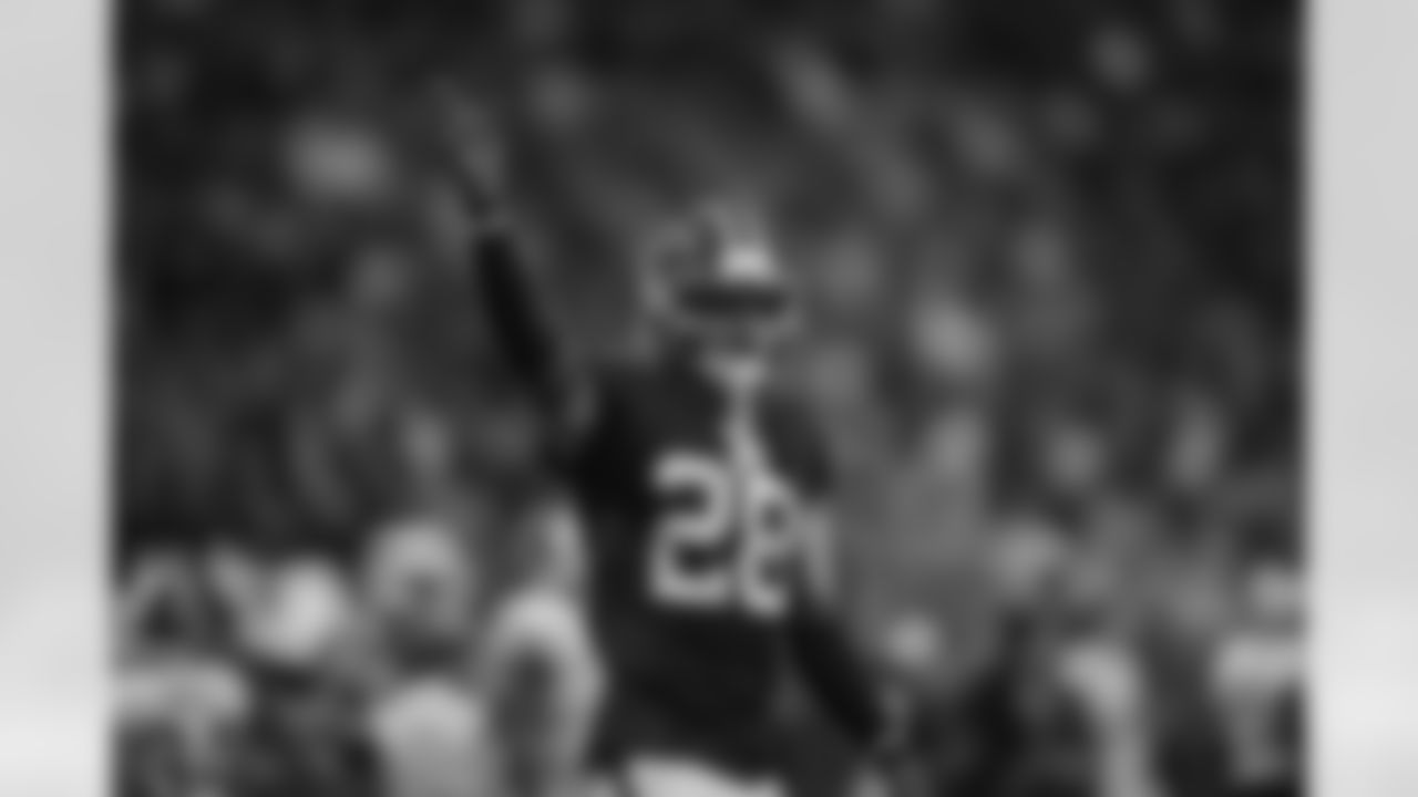 Atlanta Falcons cornerback Mike Ford Jr. #28 reacts during the Week 17 Game against the Los Angeles Rams at Mercedes-Benz Stadium in Atlanta, Georgia on Monday, December 29, 2025. (Photo by Jay Bendlin/Atlanta Falcons)