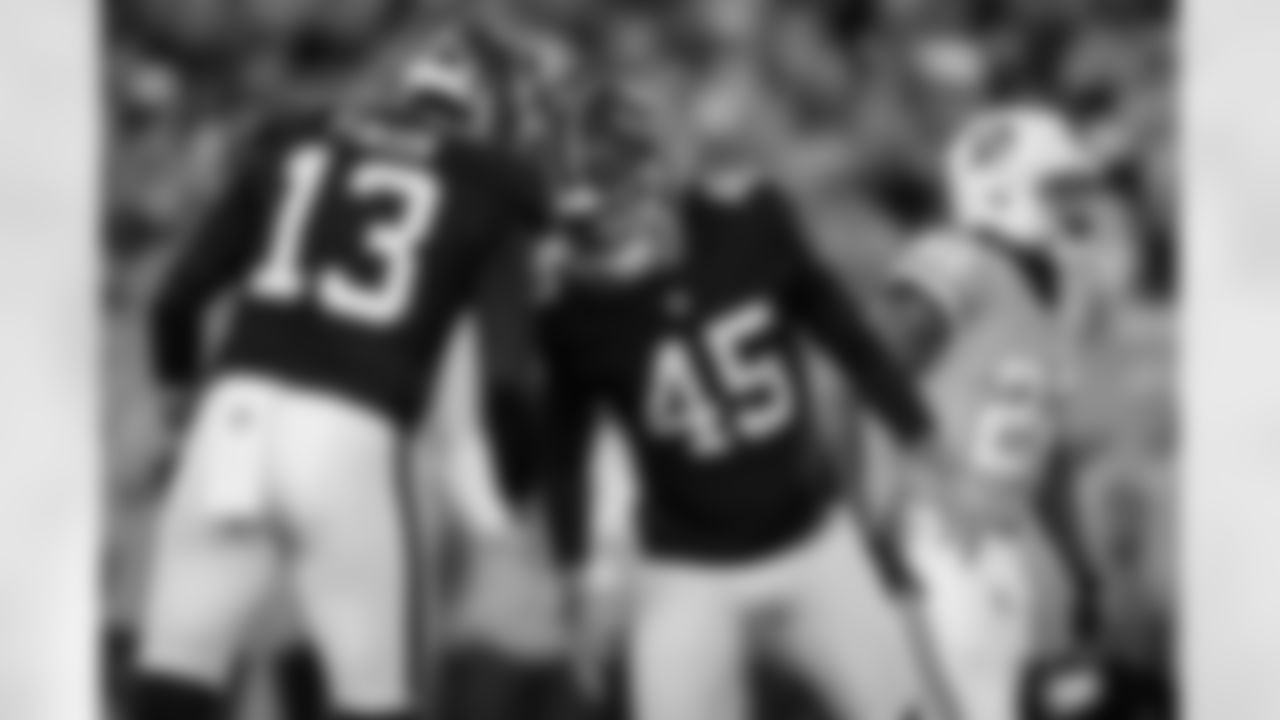 Atlanta Falcons punter Bradley Pinion #13 and Atlanta Falcons kicker Zane Gonzalez #45 during the Week 15 Game against the Tampa Bay Buccaneers at Raymond James Stadium in Tampa, Florida on Thursday, December 11, 2025. (Photo by Taylor McLaughlin/Atlanta Falcons)