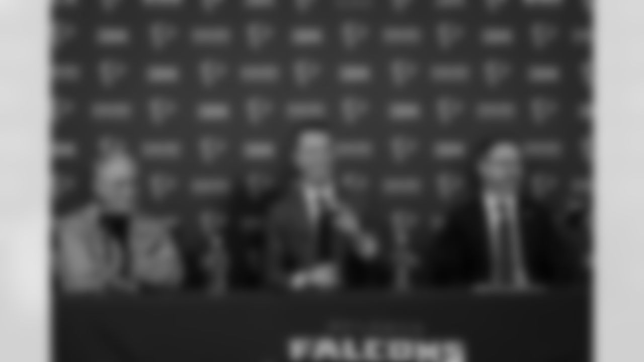 Matt Ryan, Greg Beadles, and Arthur Blank at the press conference at the Atlanta Falcons Training Facility in Flowery Branch, Ga. On Tuesday, January 13, 2026.(Photo by Taylor McLaughlin/Atlanta Falcons)