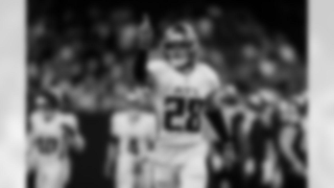 Atlanta Falcons cornerback Mike Ford Jr. #28 reacts during the Week 12 Game against the New Orleans Saints at Caesars Superdome in New Orleans, Louisiana on Sunday, November 23, 2025. (Photo by Jay Bendlin/Atlanta Falcons)