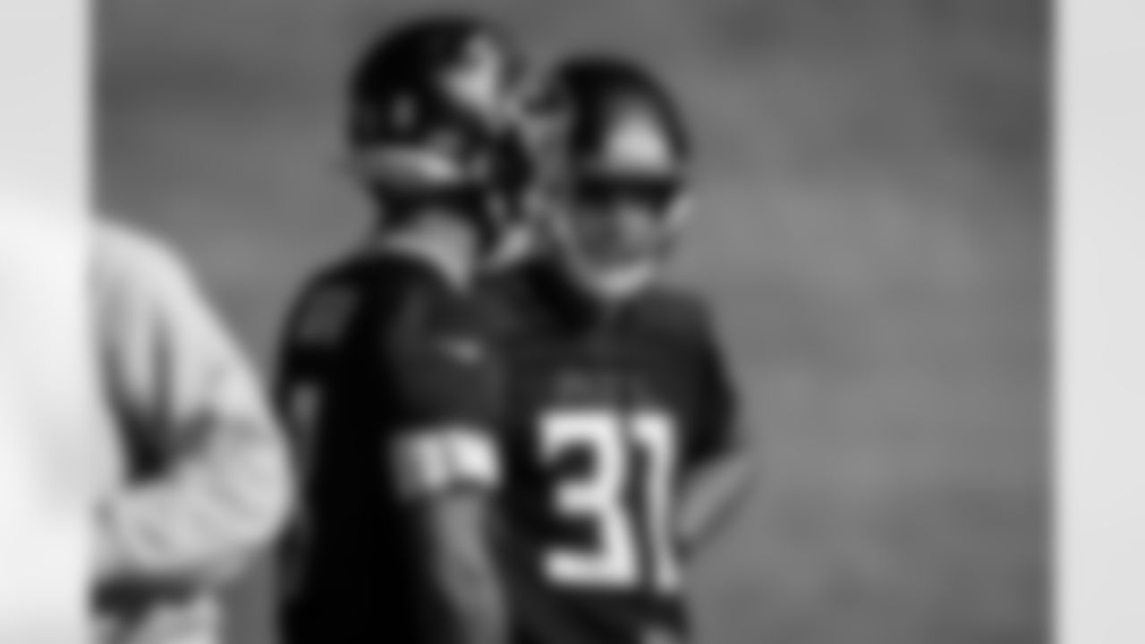 Atlanta Falcons safety Xavier Watts #31 and Atlanta Falcons safety Jessie Bates III #3 during practice at Atlanta Falcons Training Facility in Flowery Branch, Georgia, on Wednesday, November 5, 2025. (Photo by Jay Bendlin/Atlanta Falcons)