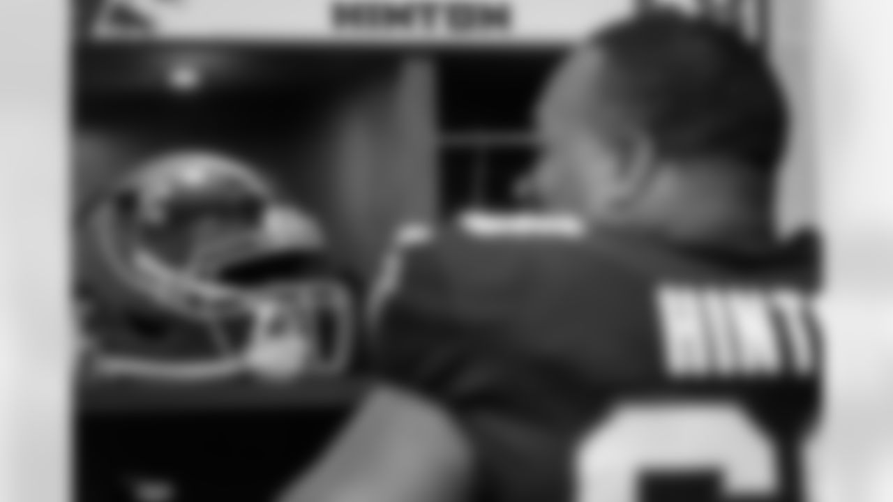 Atlanta Falcons offensive lineman Kyle Hinton #68 prepares in the locker room before the Week 6 Game against the Buffalo Bills at Mercedes-Benz Stadium in Atlanta, Georgia on Monday, October 13, 2025. (Photo by Jay Bendlin/Atlanta Falcons)